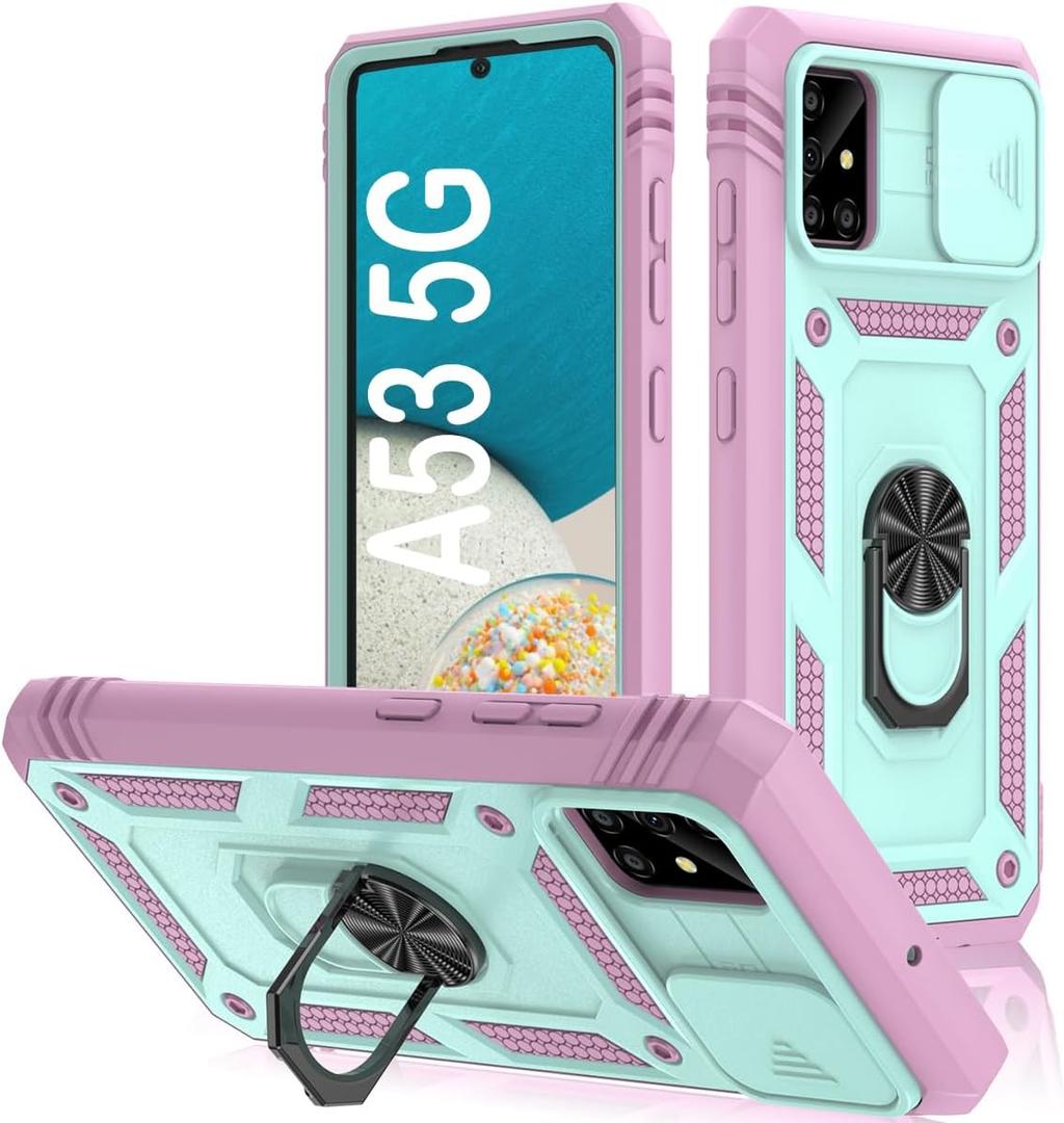 PASNEW Hard Case for Samsung Galaxy A53 5G,Metal Kickstand & Slide Camera Cover,Military Grade Heavy Duty Full Body Multi-Layer Shockproof Shell A53,6.5 inch,Green Pink