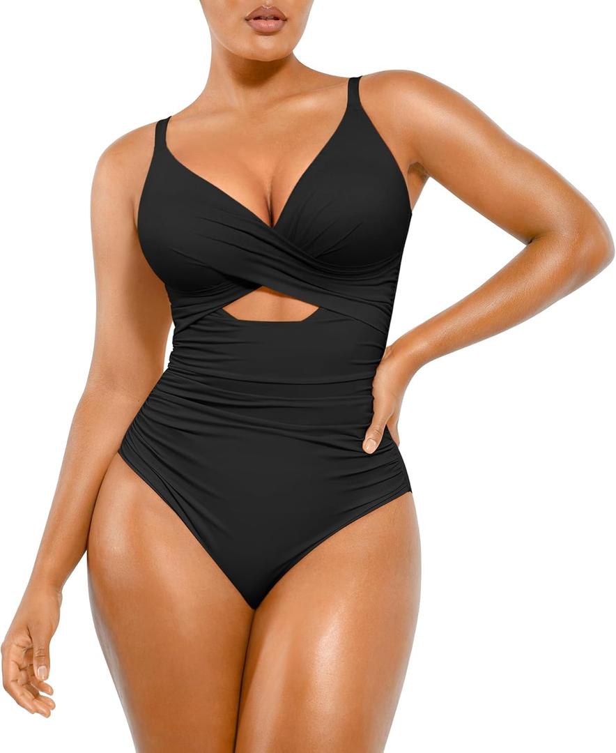 SHAPELLX Tummy Control Swimsuits Women V Neck One Piece Bathing Suit Ruched Push Up Slimming Swimwear Built-in Bra (X-Large, Black)