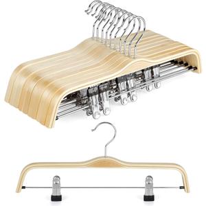 TOPIA HANGER Wooden Pants Hangers,Slim Natural Wood Skirt Hangers with Anti-Rust Hook and Adjustable Metal Clips, Perfect for Skirts, Pants, Slacks-10 Pack-CT17N