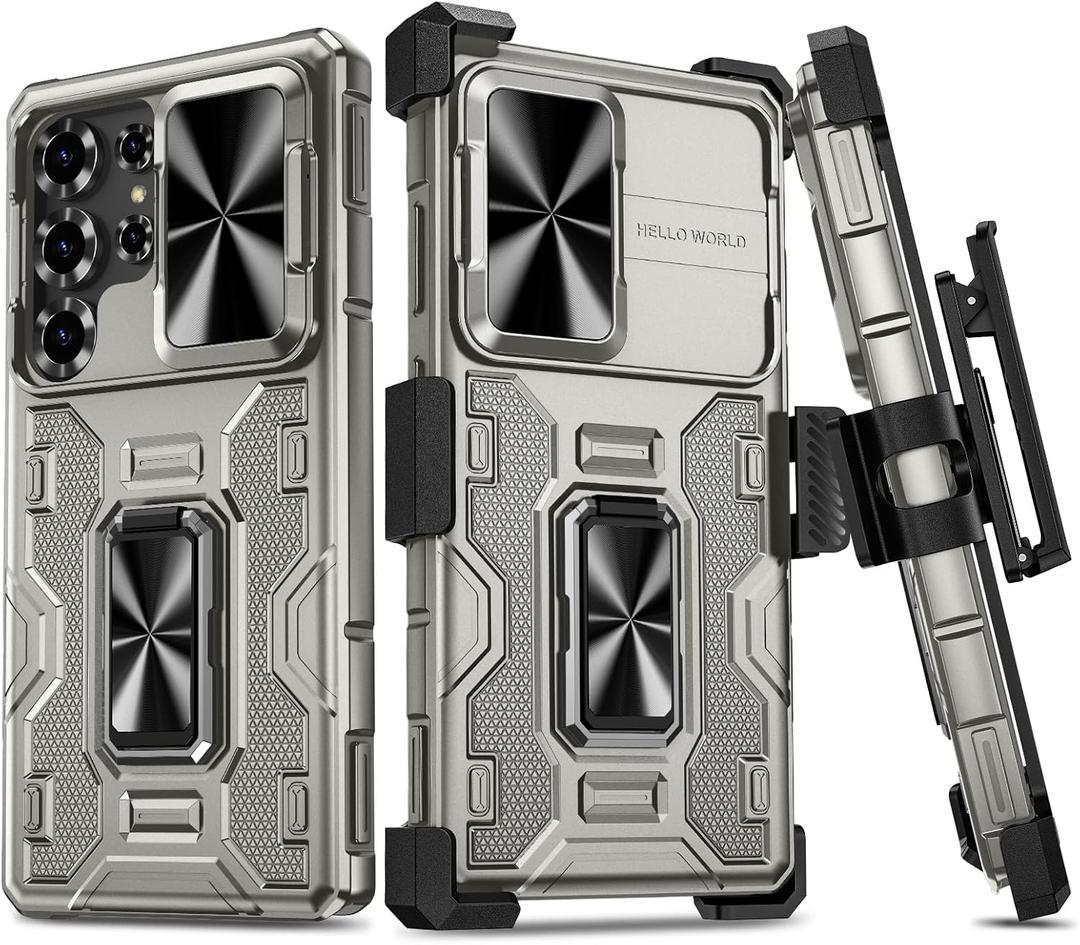 VEGO for Samsung Galaxy S25 Ultra Case, with [Belt Clip Holster] [Slide Camera Protector] [360Rotatable Ring Kickstand] Military-Grade Heavy Duty Protection Cover - Metallic Grey