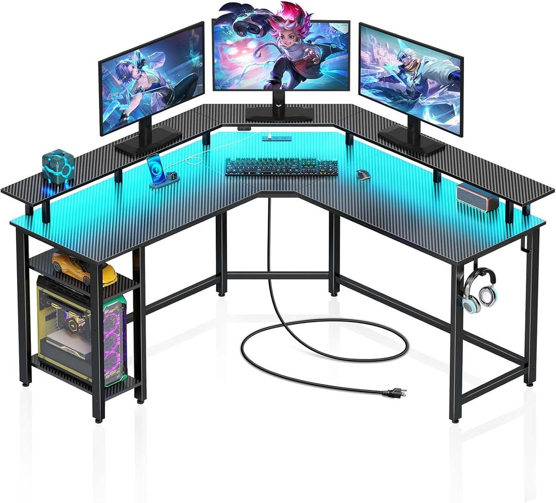 Rolanstar L Shaped Gaming Desk with LED Lights & Power Outlets, 53" Computer Desk with Full Monitor Stand & Storage Shelf, Corner Desk with Hooks, Carbon Fiber Desk Reversible (53*53*34.1 inch)