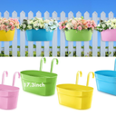 Honeydak 4 Pcs 17.3 Inch Large Metal Iron Hanging Flower Pots Outdoor Rail Planter with Detachable Hooks and Drainage Holes Deck Railing Fence Flower Buckets Plant Holder for Home (Multicolor)