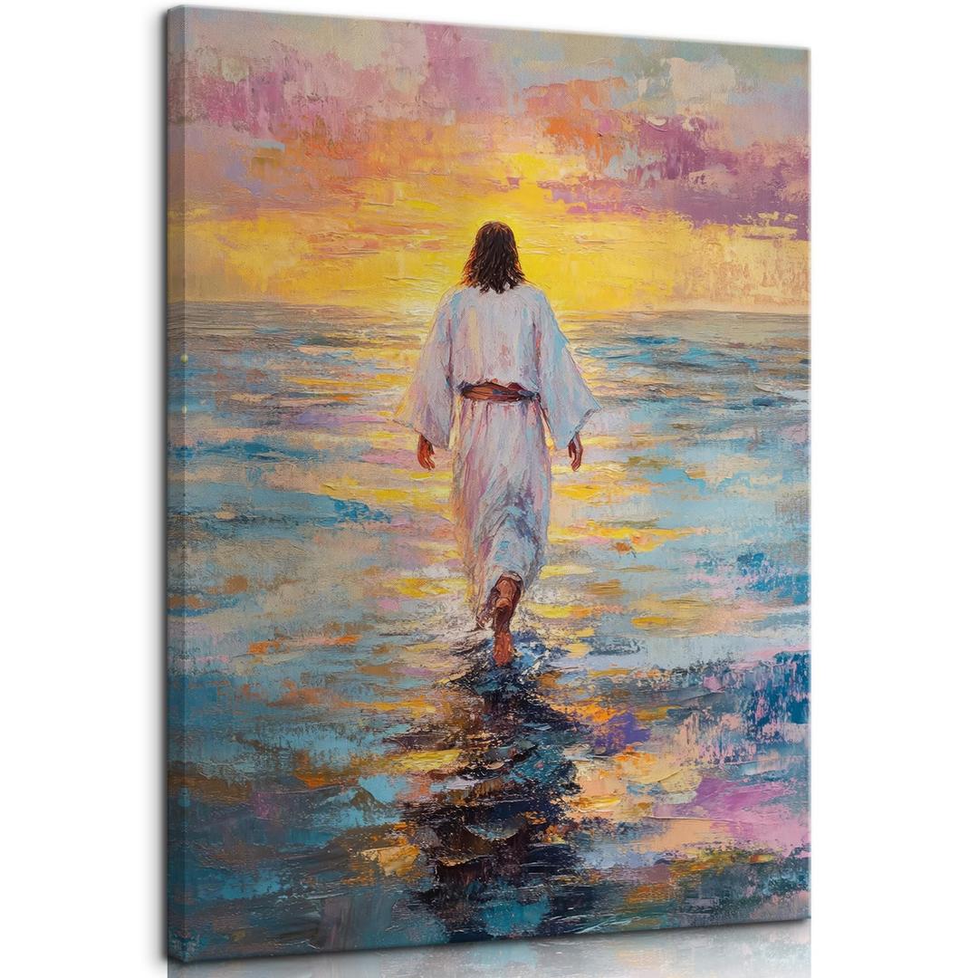 Pink Jesus Wall Art Jesus Walking On Water Wall Decor God Christian Painting Poster Religious Biblical Picture Print Artwork for Living Room Bedroom Church Decoration Home Decoration (16x24in Canvas)