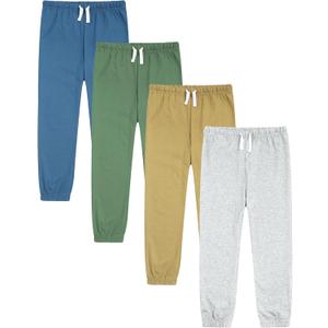 GFQLONG 4 Pack Toddler Boys and Girls Cotton Pants Lightweight Trousers, Kids Summer Casual Solid Sweatpants with Drawstring (8-9 Years, Green, Blue, Khaki, Grey)