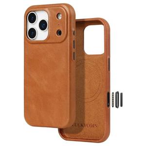 LUCKYCOIN Premium Handcrafted 100% Full-Grain Cowhide Leather Case for iPhone 17 Pro 6.3'', Built-in Metal Camera Control Button, Full Camera Protection, MagSafe Compatible, Metal Button, Retro Brown
