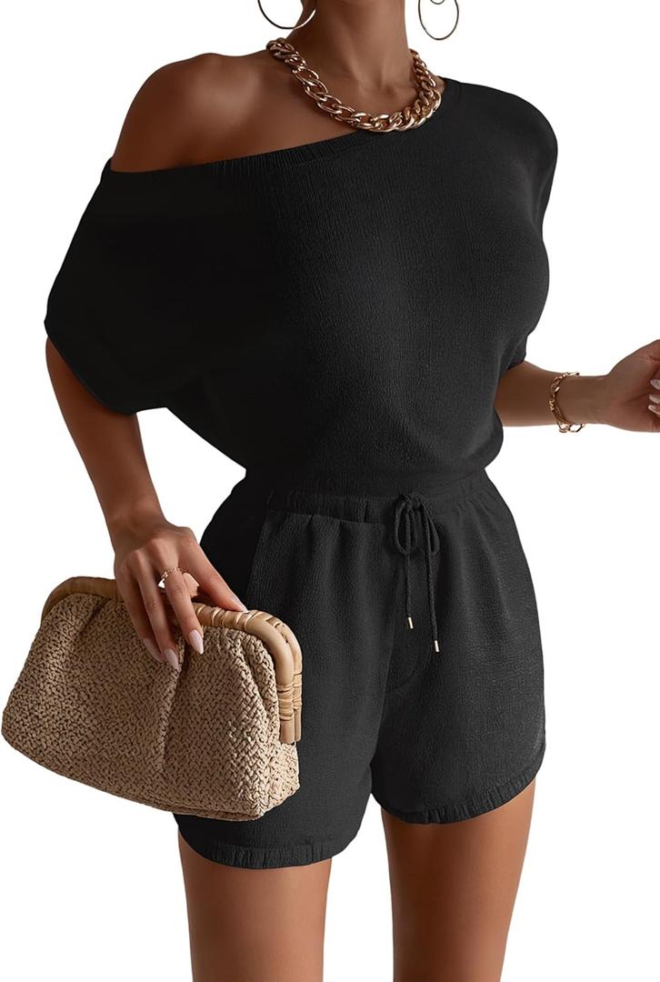 GEMLON Knit Lounge Sets for Women Boatneck Top Drawstring Shorts 2 Piece Outfits Summer (Black, M)
