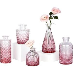 TBWIND Pink Day Glass Bud Vase Set of 5, Small Flower Vases for Centerpieces in Bulk, Mini Vintage Vase for Wedding Decor, Single Flowers, and Home Table Dcor