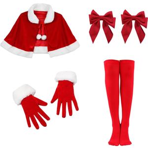 Christmas Cape with Thigh Highs Socks Gloves 5PCS Velvet Mrs Claus Costume for Women,Santa Outfit Women for Christmas Party