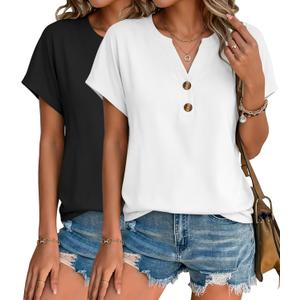 2 Pack Womens T Shirts V Neck Short Sleeve Henley Tops Work Business Casual Blouses Summer Dressy Casual Clothes (Large)