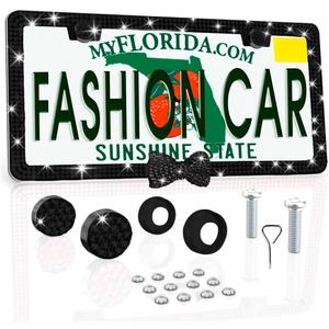 Fashion Car Ultra Bling Fashion License Plate Frame Cover Shiny Especially Brilliant. Stainless Steel Bright Rhinestones. Shiny (Black Bow Black)
