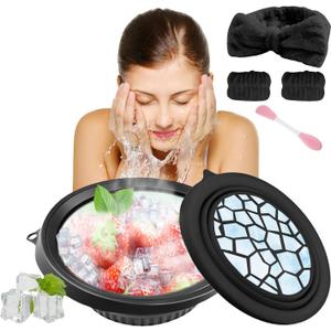Face Tub for Ice Bath with Built-In Icetray, Collapsible Silicone Ice Face Bowl with Skincare Headband and Mask Brush, Cold Plunge Tub for Face,for Skin Tightening, Puffiness, Acne Relief & Glow