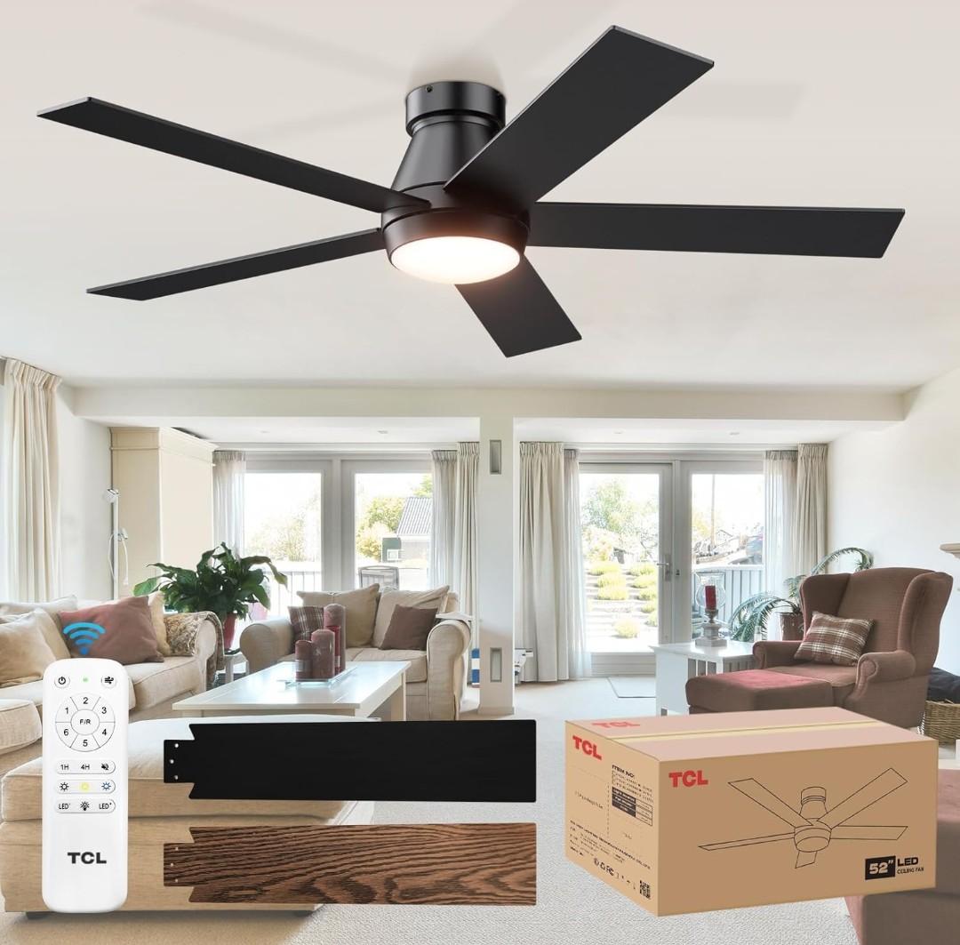 TCL 52" Ceiling Fan with Lights, Black Flush Mount Ceiling Fans with Remote Control, 6 Speeds DC Reversible, Dimmable, Noiseless, Low Profile Ceiling Fans for Bedroom