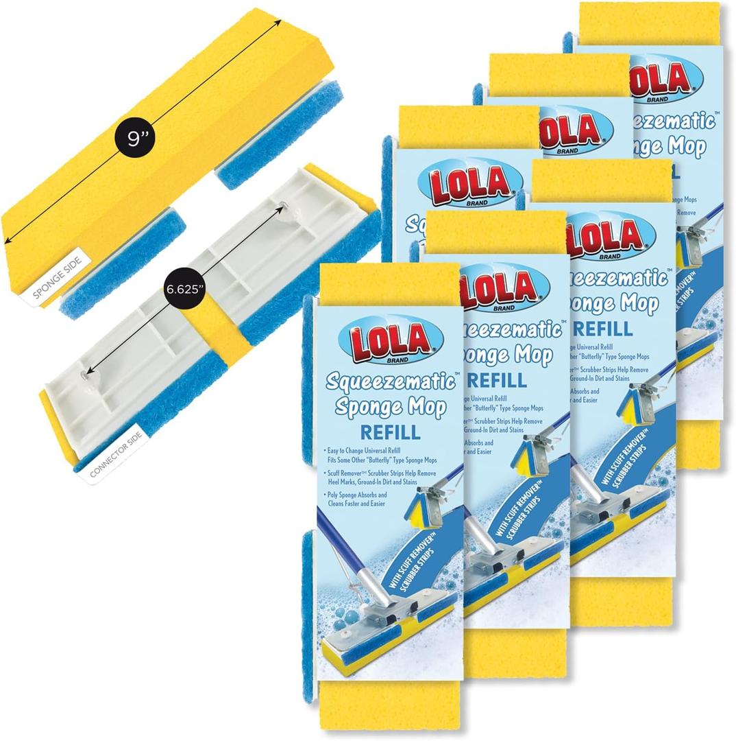 LOLA Squeeze Matic Butterfly Sponge Mop Refill, 9", 6 Pack Replacement Head, Floor Cleaning, Comparable w/Quickie Type S Sponge Mop Refill