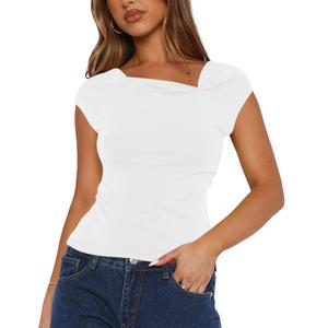 Orchidays Women's Cap Sleeves Gathered Neck Top Casual Fitted T-Shirt White (White)