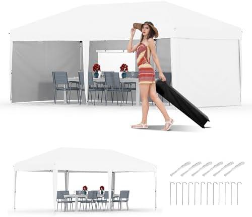 GarveeLife 10x20 Pop Up Canopy with 4 Sidewalls - Heavy Duty Outdoor Canopy Tent with Portable Roller Bag - 3 Adjustable Height, 4 Weight Bags, 8 Stakes & 6 Guy Ropes Included, White