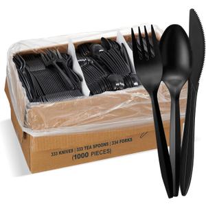 1,000 Plastic Disposable Cutlery Bulk Variety Pack Black Medium Weight Includes 334 forks, 333 knives, 333 soup spoons, Disposable Silverware Plastic Cutlery