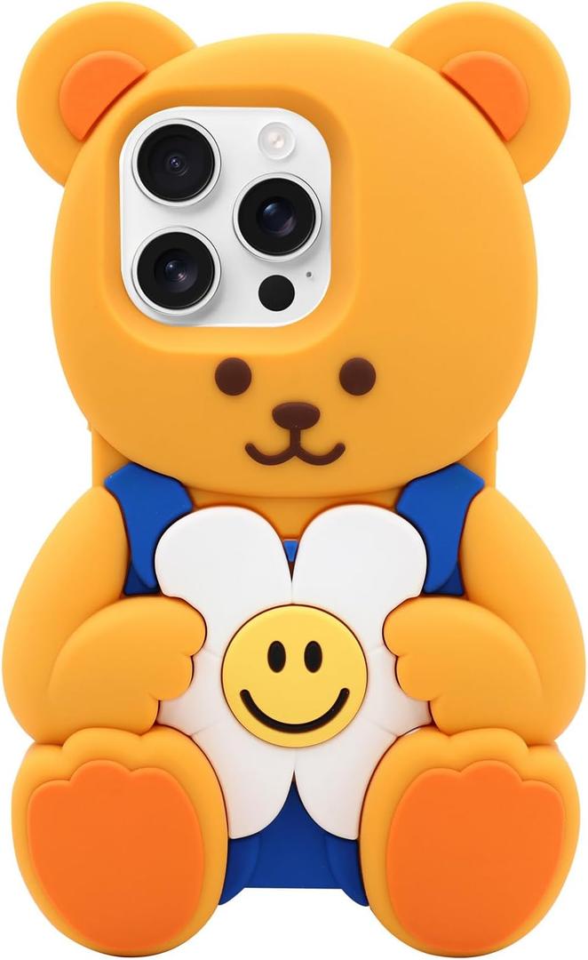 MC Fashion for iPhone 16 Pro Case, Cute 3D Bear Silicone Case, Smiley Flower Cartoon Protective Cover for Women Girls