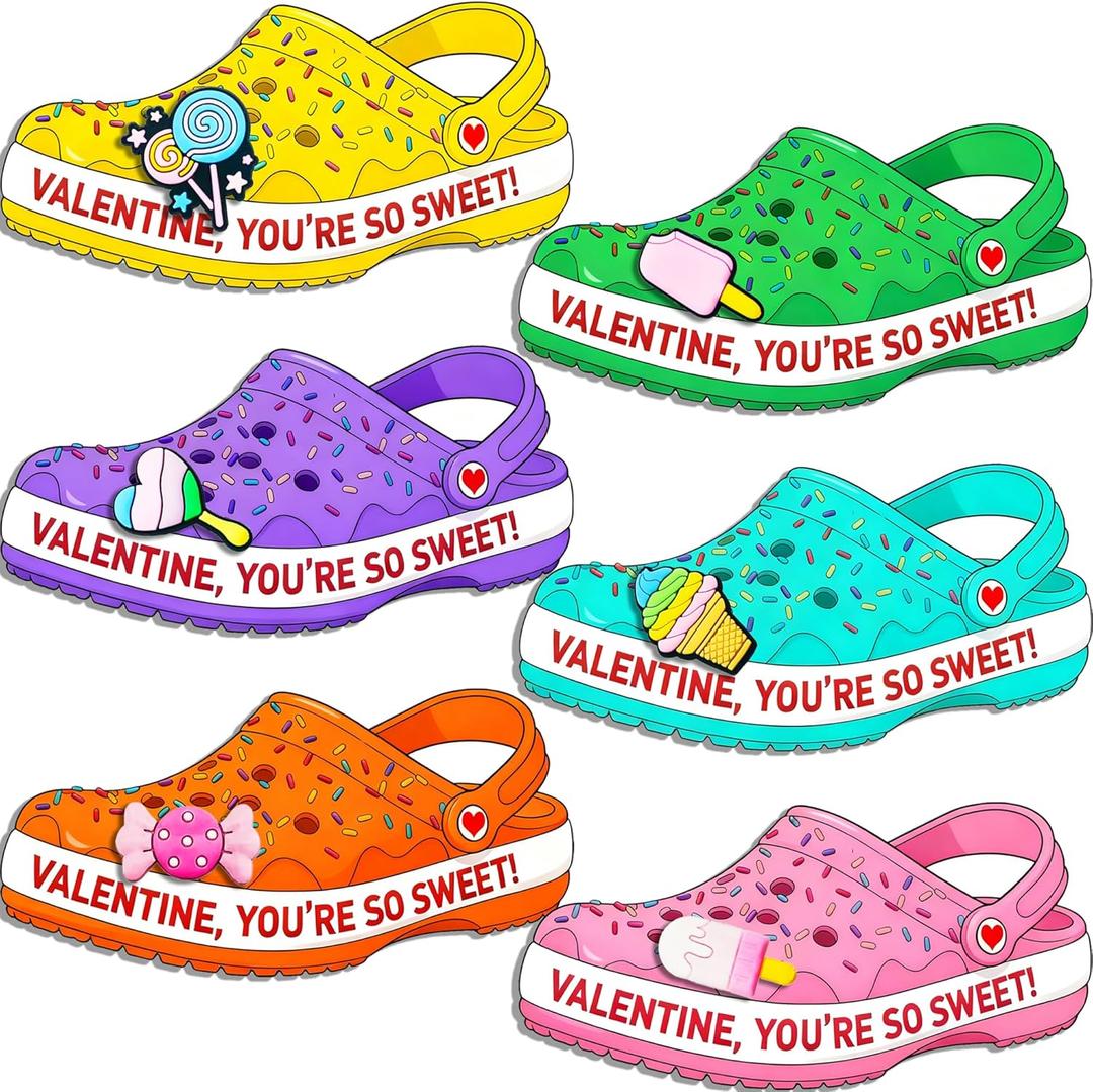 Valentines Day Cards for Kids School Classroom, 30 pcs Valentine's Cards with 30 Shoe Charms for Boys Girls, Valentine Exchange Gift & Classroom Celebration Favors