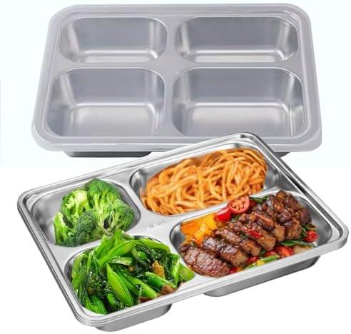 2Pack Stainless Steel Divided Plates Tray with Lids - 4 Section,Picnic Plates Non Toxic Serving Platter, Dinner Snack, Camping Dishes Picky Eaters and Portion Control (Silver)