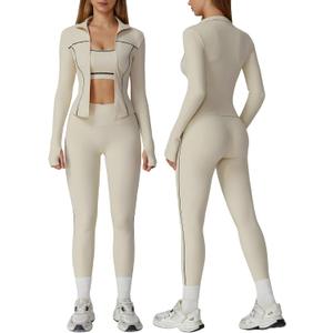 3 Piece Women Workout Set Sports Bra Tank Zip Jacket High Waist Leggings Casual Yoga Gym Outfit Athletic Clothing Sets (Beige, M)