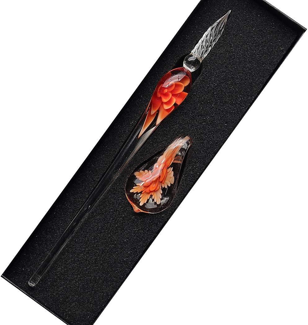 Crystal Glass Intarsia Dip Pen Fountain Pen Kit Vintage Calligraphy Signatures Pen, Orange