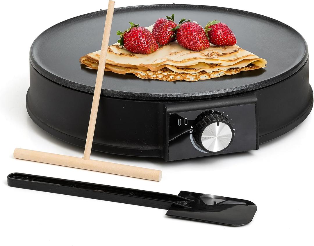Moss & Stone 12 Inch Electric Griddle & Crepe Maker Machine. Electric Crepe Maker with Adjustable Temperature for Blintzes Pancakes & Tortilla, Non-Stick Crepe Pan & Batter Spreader & Spatula (Zed Black)