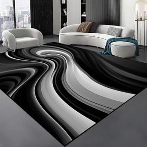 Modern Abstract Area Rug, 6x8ft Striking Black & White Wave Pattern Rugs for Contemporary Homes, Soft and Durable Floor Decor Carpet,Washable Carpet with Non-Slip Backing for Farmhouse Living Room