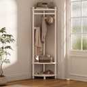 Wooden Corner Coat Rack with Clothes Rod, 4 Hooks Corner Hall Tree with Storage Shelves for Bedroom Entryway (White)