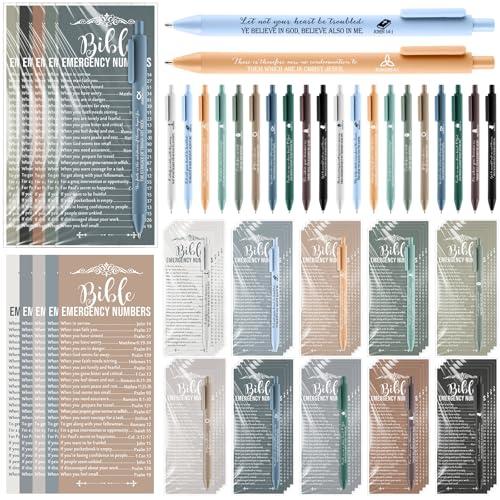 Feifeiya 25 Sets Christian Gift Bulk Christian Pens Bible Verse Emergency Numbers Bookmarks Welcome Church Pastor Appreciation Gift for Coworker Sunday School Favors(Boho Color,English)