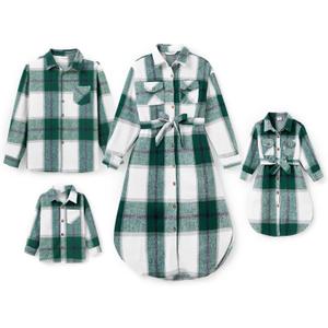 PATPAT Family Matching Outfits Mommy and Me Dresses Light Green Plaid Skirt and Shirt Couple Sets Long Sleeve with Pockets Girl 8-9 Years