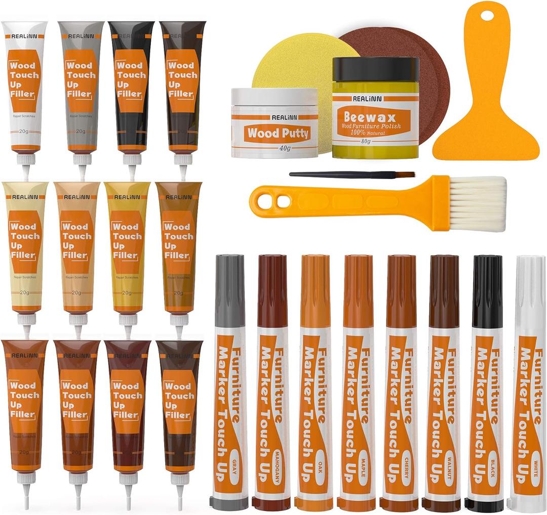 REALINN Wood Furniture Repair Kit- Set of 28 - Touch Up Markers, Fillers with Wood Putty - Repair Scratch, Cracks, Hole, Discoloration for Wooden Door, Floor, Table, Cabinet, 28 Piece Set
