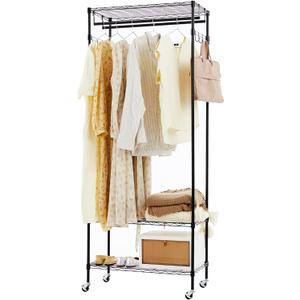 Heavy Duty Clothes Rack Rolling Garment Rack, Clothing Racks for Hanging Clothes with Adjustable Shelves and Side Hooks, Standing Metal Wardrobe, Black