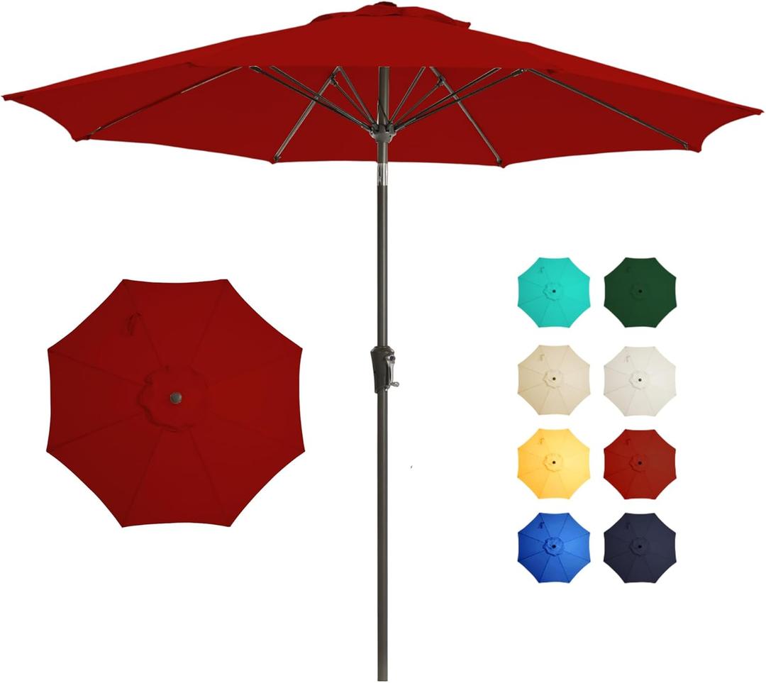 9FT Outdoor Patio Umbrella Outdoor pool Umbrella with Push Button Tilt and Crank, Market Umbrella 8 Sturdy Ribs UV Protection for Garden, Deck, Backyard (Red)