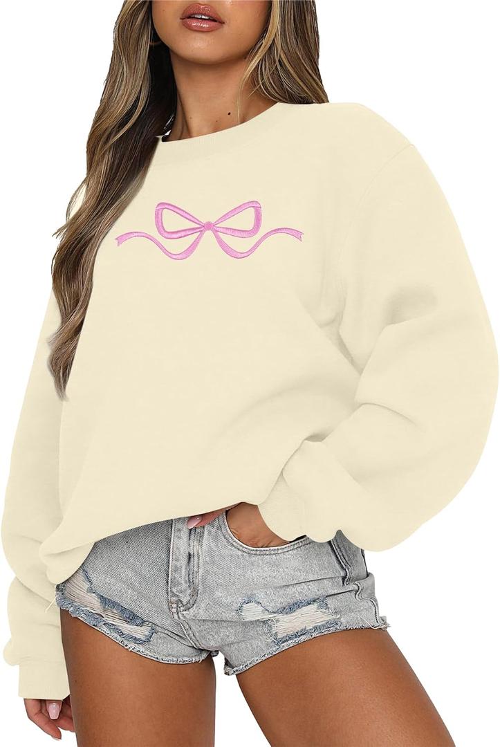 FASHGL Pink Bow Sweatshirt Womens - Sequins Coquette Sweater Casual Round Neck Pullover Sweatshirts Long Sleeve Tops (XL)