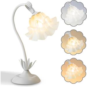 Flower Table Lamp,LED Reading Light Bedside Vintage Flower Night Light,3 Colors Modes Kawaii Bedside Lamps Decor,Living Room Bedroom Room Lighting Table Lamps Home Decoration (White)