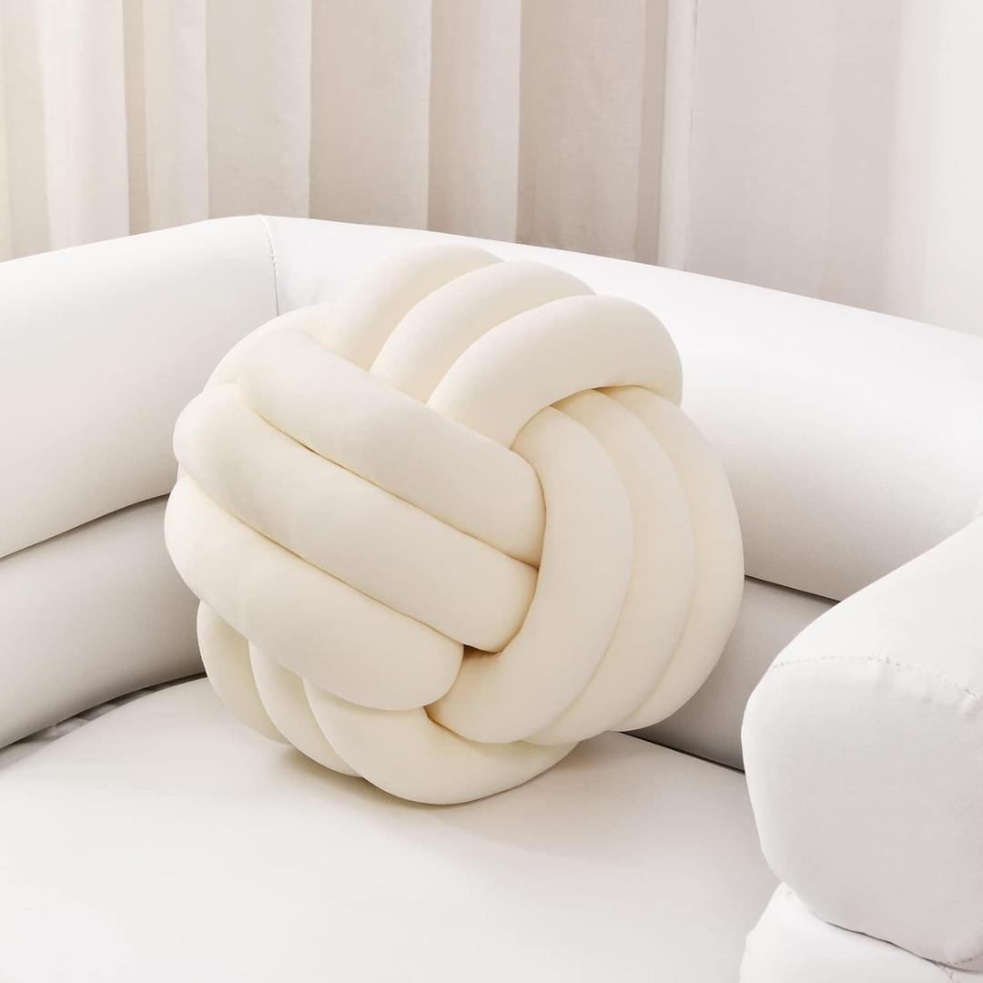 Sioloc Soft Knot Ball Pillows,Round Throw Pillow Cushion Home Decoration Plush Pillow,Throw Knotted Pillow Handmade Round Plush Pillow13.7inches,Ivory
