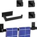 5 Pieces Self Adhesive Bathroom Hardware Set-SUS304 Stainless Steel-Towel Rack Set Include 24Towel Bar+Toilet Paper Holder+3 Towel/Robe Hooks Bathroom Accessory Towel Bar Set (Black, 24 in)