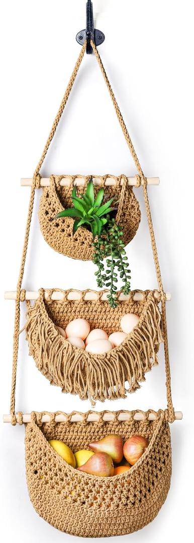 Lawei 3 Tier Hanging Fruit Basket, Wall Hanging Vegetable Fruit Baskets Cotton Woven Storage Baskets for Organizing, BOHO Wall Basket Decor, Over the Door Organizer for Kitchen, Bedroom, Bathroom