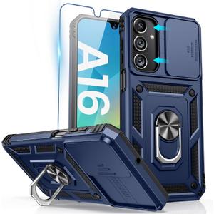 Goton Compatible with Samsung Galaxy A16 5G Case with Camera Cover & 360 Kickstand Ring with Tempered Glass Screen Protector, Military Grade Shockproof Protective Bumper Cover for A16 5G 4G Blue