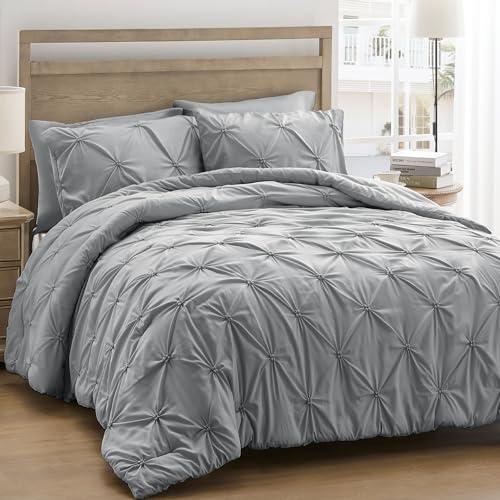 UNIKOME Queen Comforter Set Gray/Light Gray - Ultra Soft Boho Pintuck Down Alternative Bedding Set for All Seasons, 3 Pieces Lightweight Warm Pinch Pleat Bed Set with Comforter, 2 Pillowcases