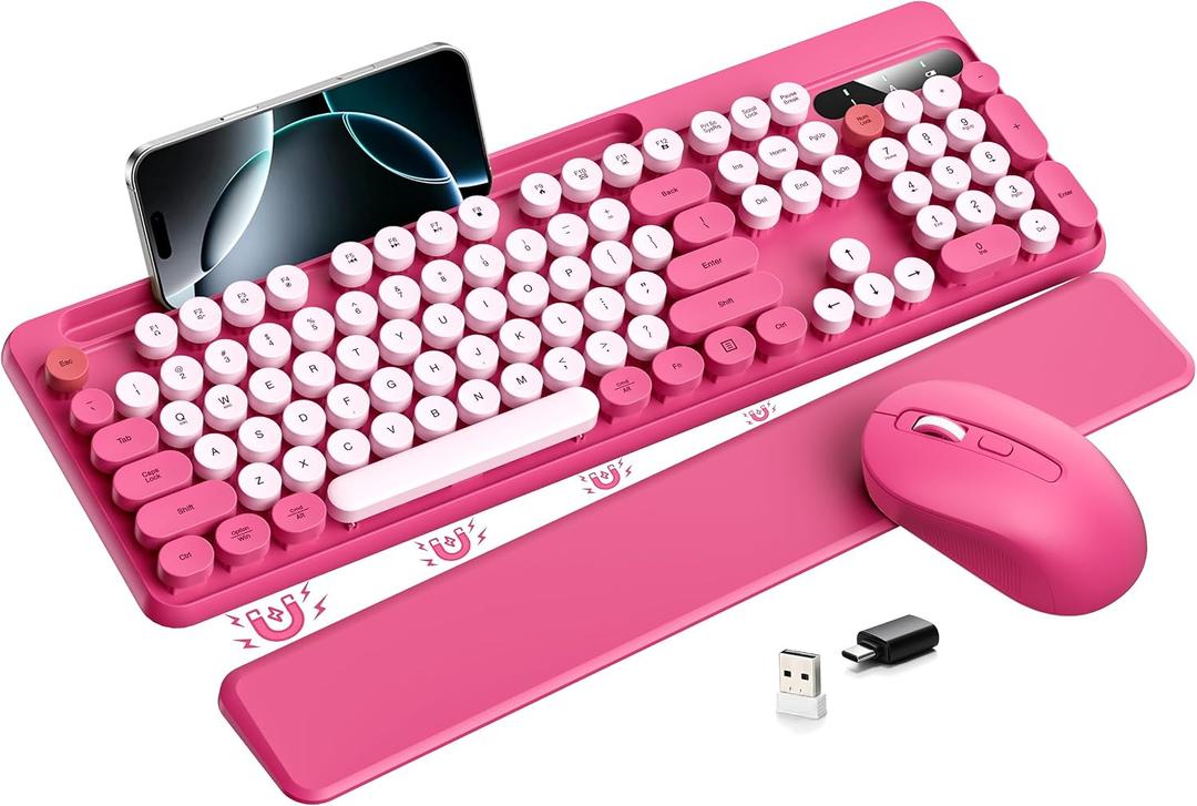 Hamile Wireless Keyboard and Mouse Combo - Detachable Wrist Rest, Phone/Tablet Holder, Retro Typewriter Style Keyboard, Colorful Round Keycaps, 2.4GHz Wireless for Windows/Mac/PC/Laptop, Pink