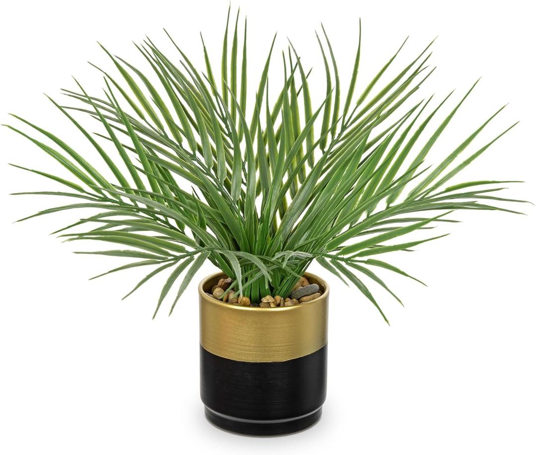 Hollyone Large Artificial Potted Plants Fake Palm Plants 13" Faux Tropical Palm Plant Tree in Gold and Black Metal Pots for Home Room Office House Indoor Decoration