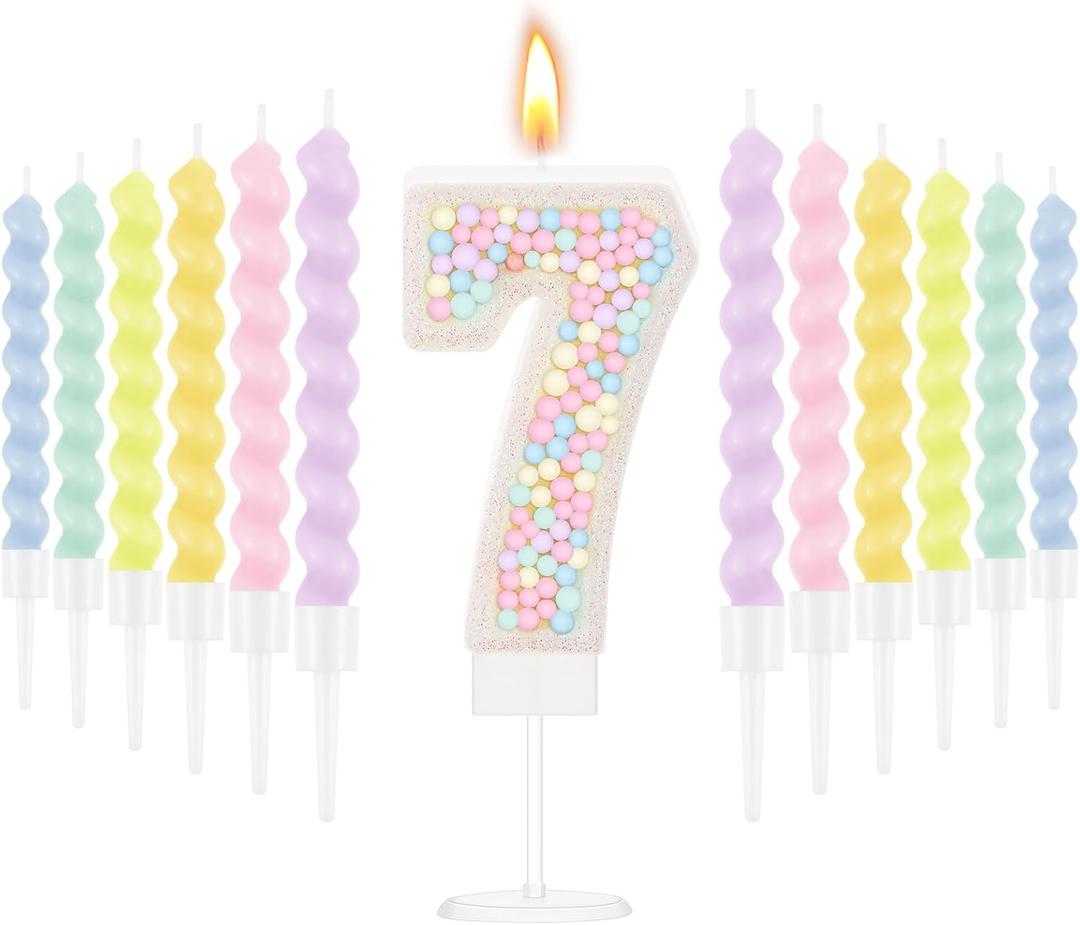 MTLEE Number 7 Birthday Candle with 12 Pcs Spiral Candles for Girls Macaron Pastel Rainbow Unicorn Pink Cake Topper for Sweet Theme Party Decoration