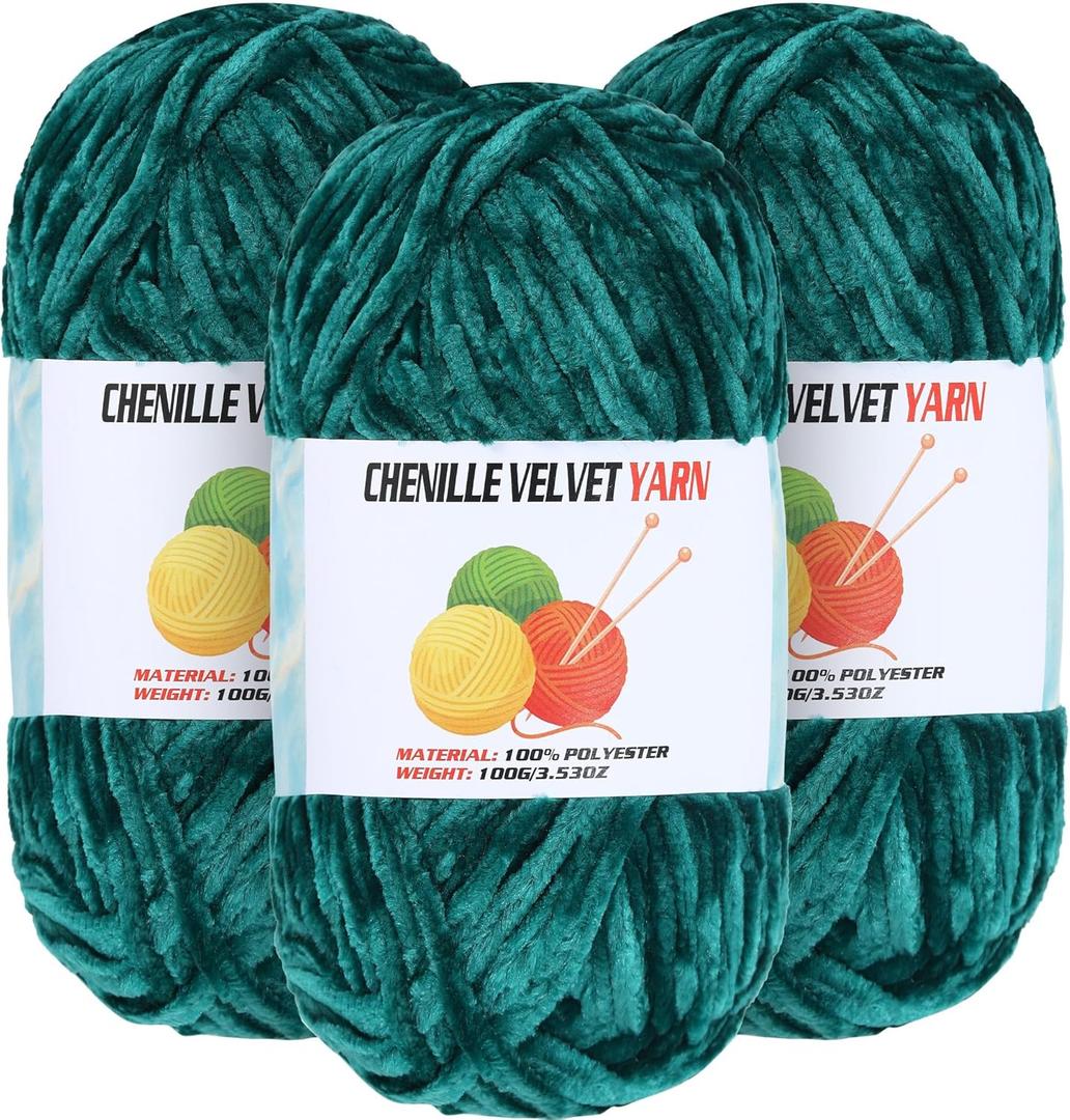 3 * 100g Velvet Chenille Chunky Yarn for Crocheting, Handcrafts Weaving Soft Chenille Yarn for Crocheting Clearance, Used for Making Baby Yarns Blanket, Clothes, Knitting Creations (Dark Green)