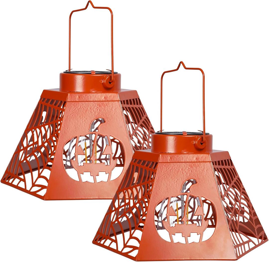 2-Pack 8.6" Halloween Solar-Powered Lanterns with Pumpkin Ghost Face Projection - Outdoor Jack-o'-Lantern Projection Lights, Waterproof Solar Stake Lights for Garden, Yard, Pathway Decor