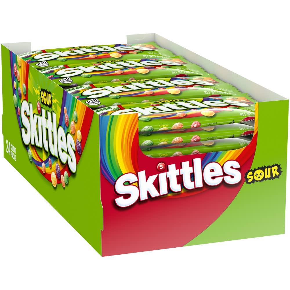 SKITTLES Sours Individually Wrapped Full Size Chewy Sour Candy Packs, 24 Ct Bulk Box for Parties, Movie Nights & Sharing (EXP 03/31/27)