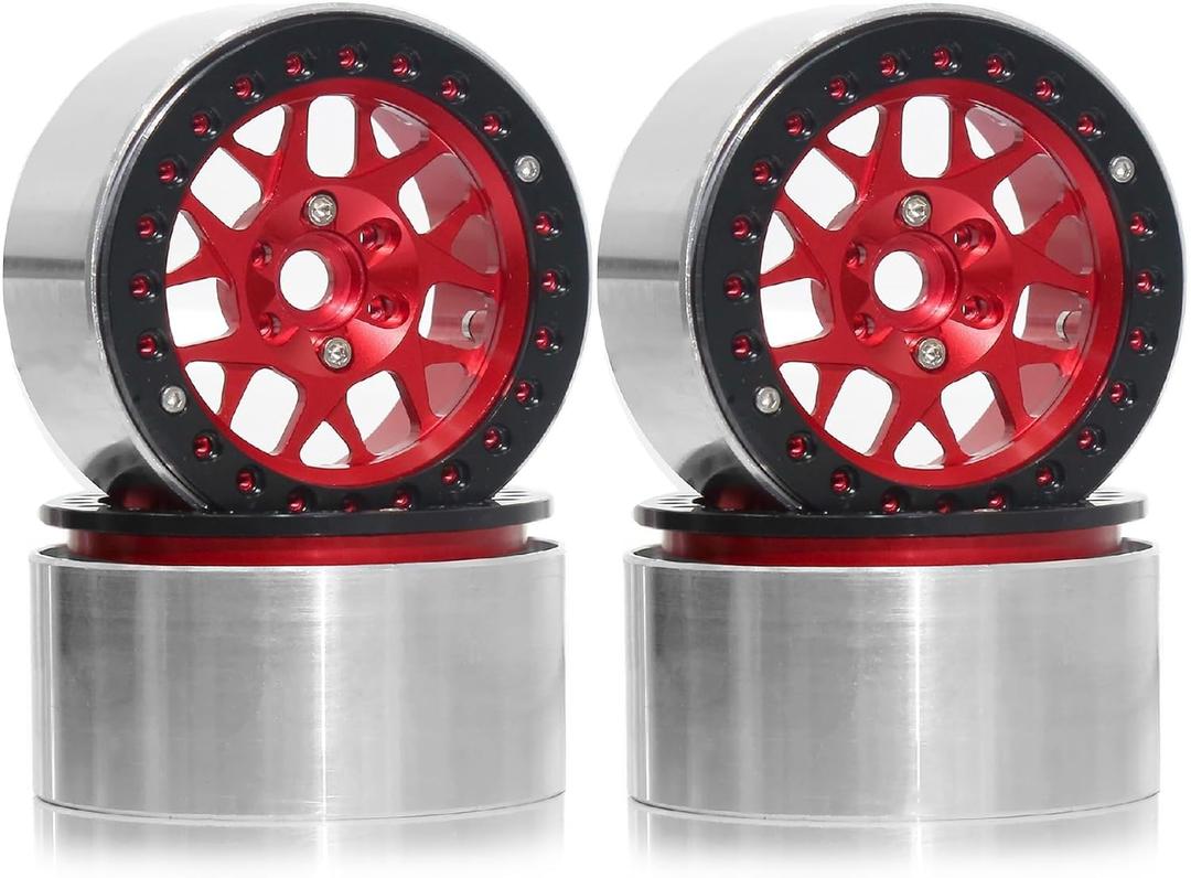 2.2 RC Beadlock Wheels Rims 12mm Hex 1/10 Aluminum Alloy Mud Slingers Hubs for 1:10 Rock Crawler Car Axial SCX10 Tamiya CC01 D90 RR10 RC4WD Gen8 Traxxas TRX4 2.2" Tires 4PCS (Red)