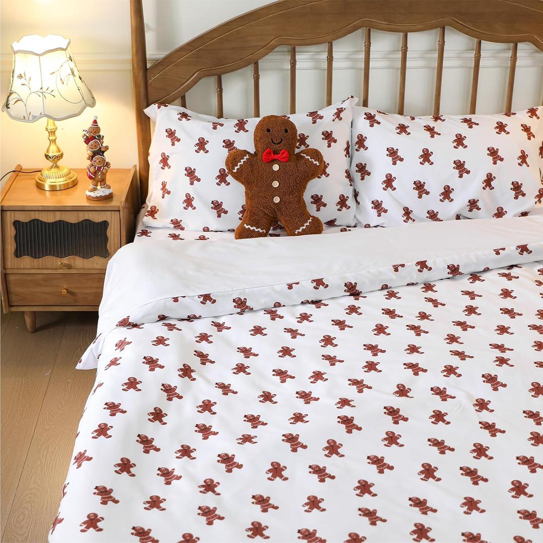 Christmas Gingerbread Man Queen Sheet Set with Pillow- 4 Piece Christmas Bed Sheet Set with Gingerbread Man Pillow, Soft & Breathable, Microfiber for Mom Women Cute Winter Xmas Gift