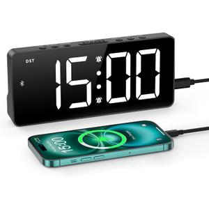 KeeKit 7 Inch Digital Alarm Clock with Bluetooth Sync Time, Auto-sync Time, Adjustable Brightness Clock with 3 Volume Levels, Power Saving Mode, Night Mode, Desk Clock for Home - Black