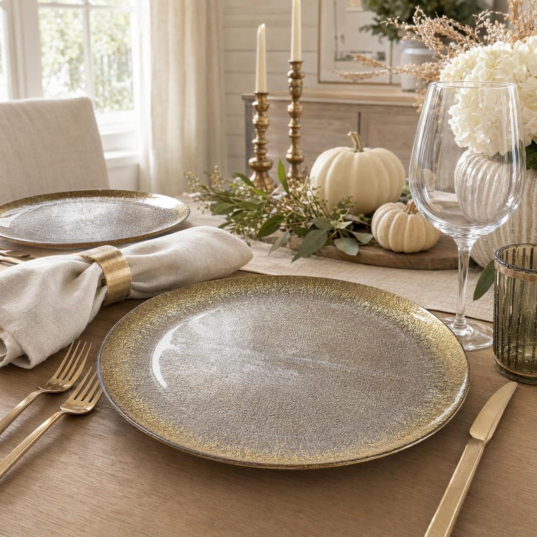 Hafyow Gold Glass Charger Plates, Set of 4, 13 Inch Round Clear Chargers for Dinner Settings with Bottom Foil Accent for Wedding Party Table Decor